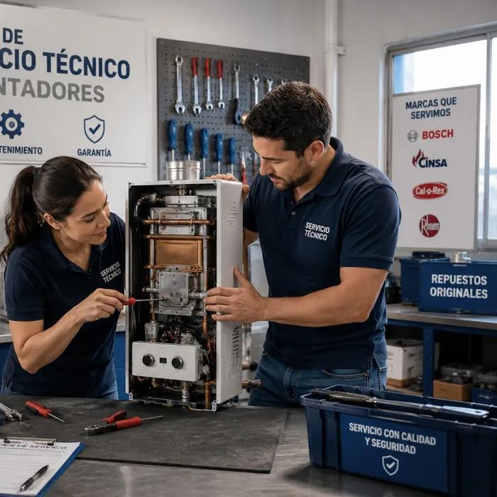 Técnicos de Tecniboiler Express revisando un calentador de paso en el taller