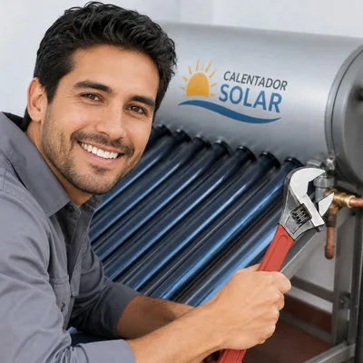 Técnico junto a un calentador solar de tubos